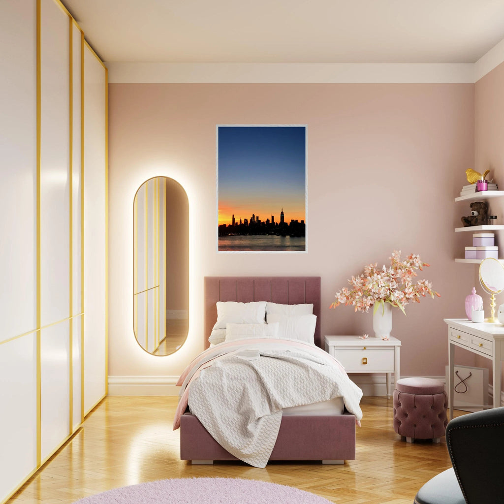 Wooden framed Manhattan Skyline sunset poster, majestic cityscape wall art from the Travel Collection for home décor.