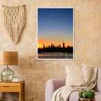 Wooden framed Manhattan Skyline sunset poster, travel-inspired wall art, vibrant cityscape print for home décor.