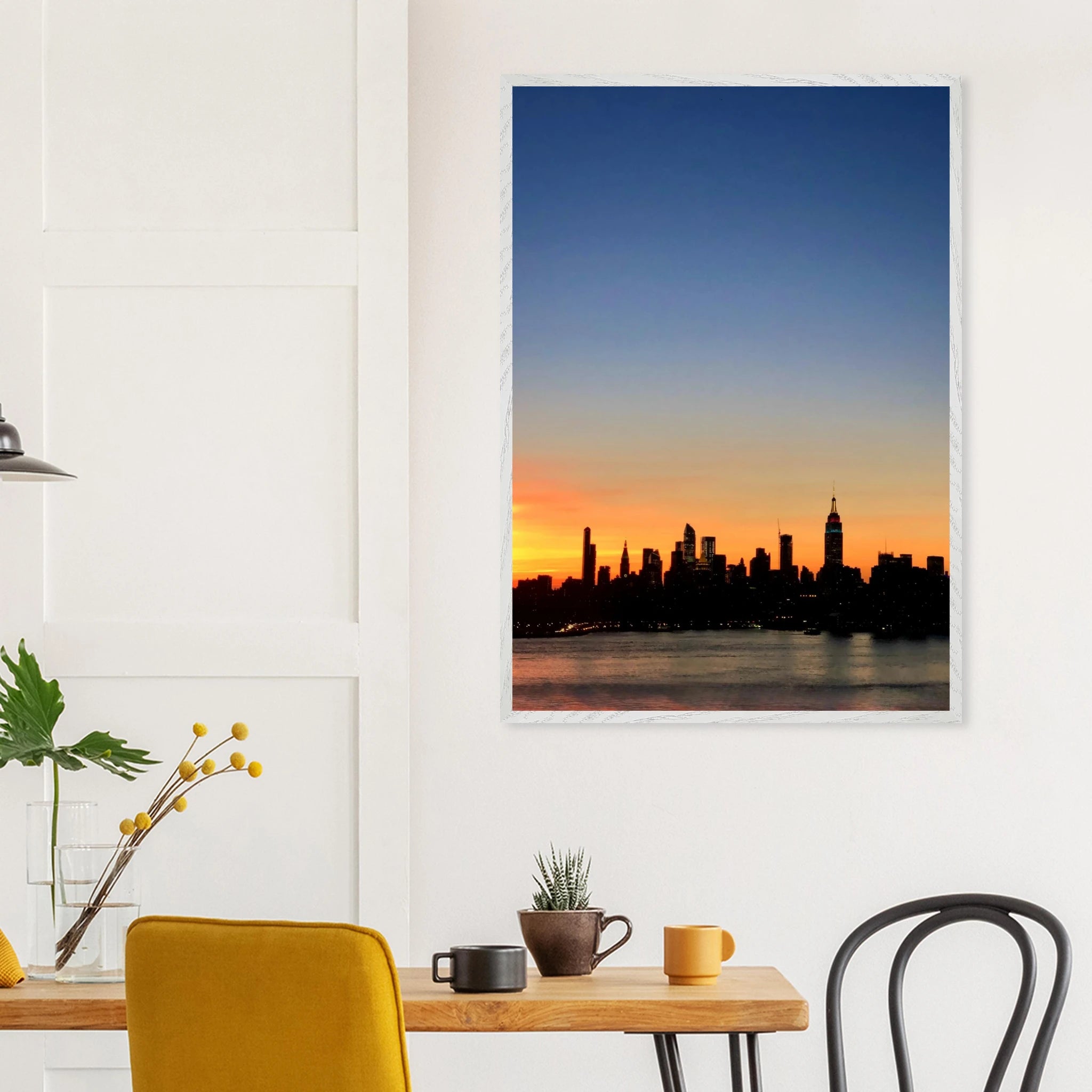Wooden framed Manhattan skyline sunset poster, majestic travel wall art for home decor, part of Studio Edition collection.