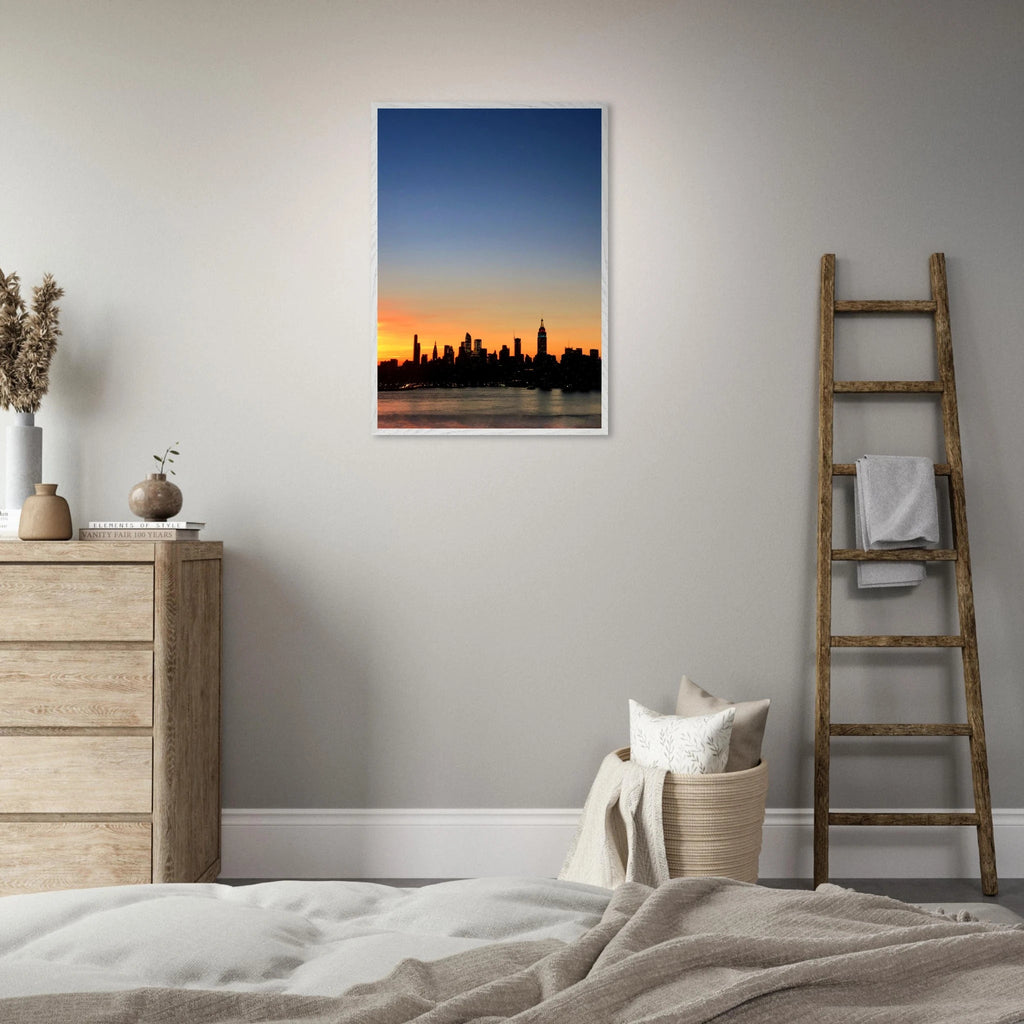 Wooden framed Manhattan Skyline sunset poster, vibrant cityscape wall art for home decor, part of travel collection studio edition.