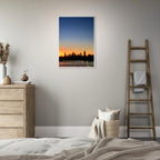 Wooden framed Manhattan Skyline sunset poster, vibrant cityscape wall art for home decor, part of travel collection studio edition.