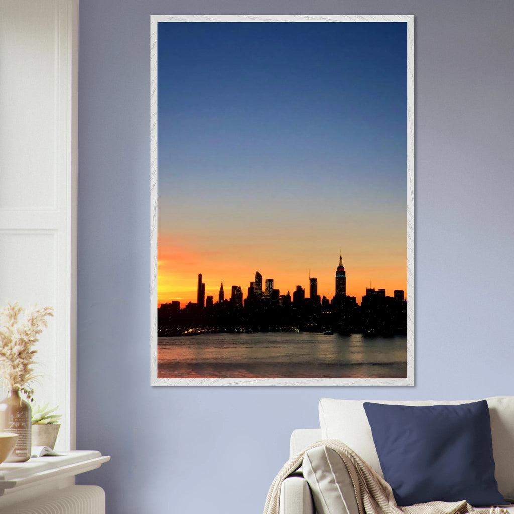 Premium wooden framed Manhattan skyline sunset poster, majestic wall art for home decor, part of travel collection Studio Edition.