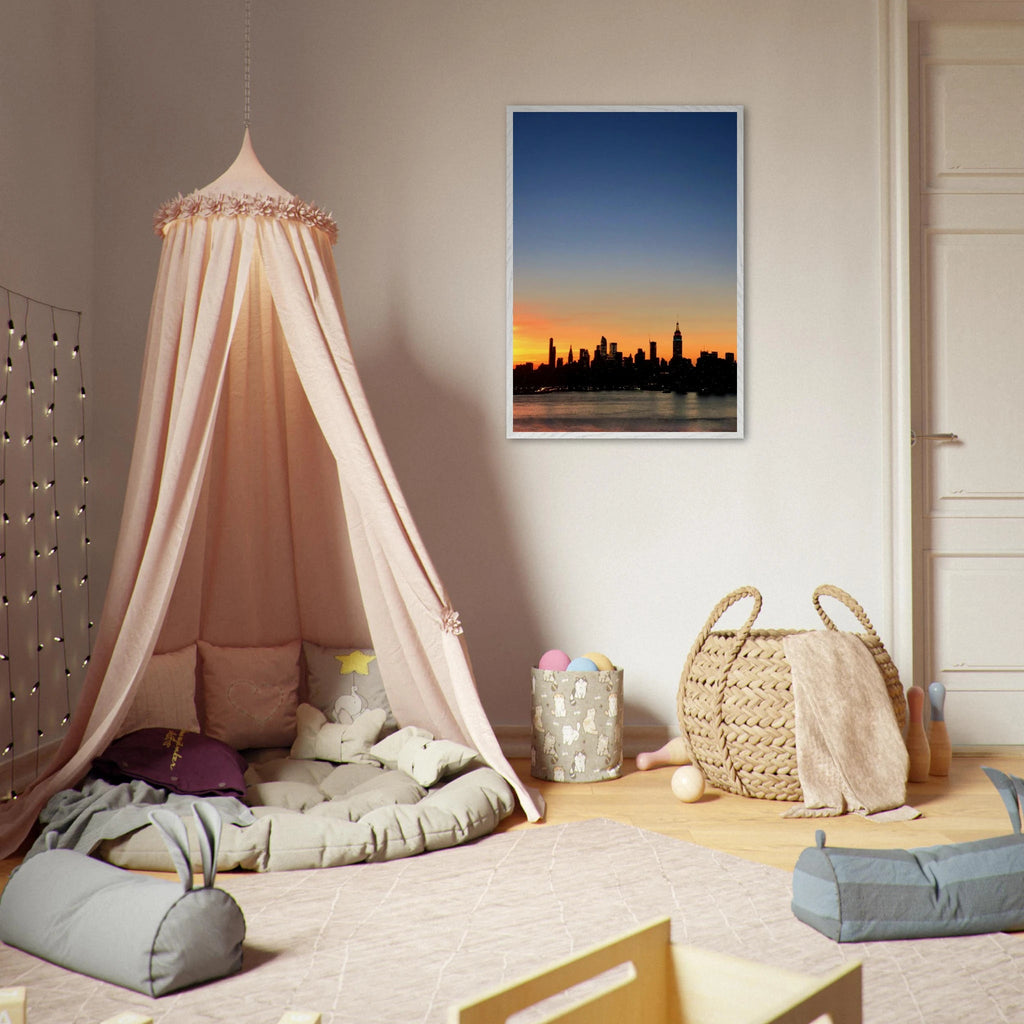 Wooden framed Manhattan Skyline sunset poster, vibrant cityscape wall art from the travel collection, perfect for home decor.