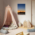 Wooden framed Manhattan Skyline sunset poster, vibrant cityscape wall art from the travel collection, perfect for home decor.