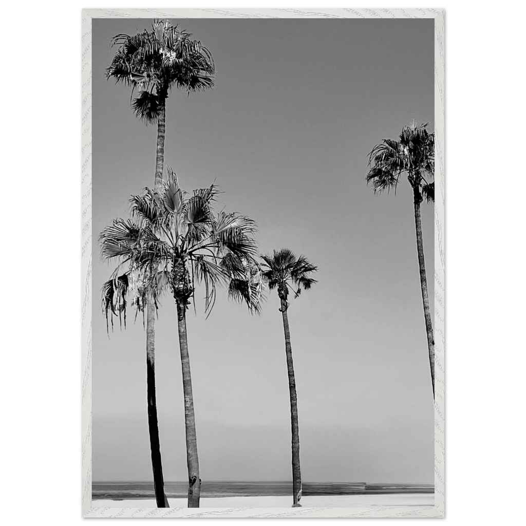 Premium wooden framed poster featuring black and white California beach icons in semi-glossy finish.