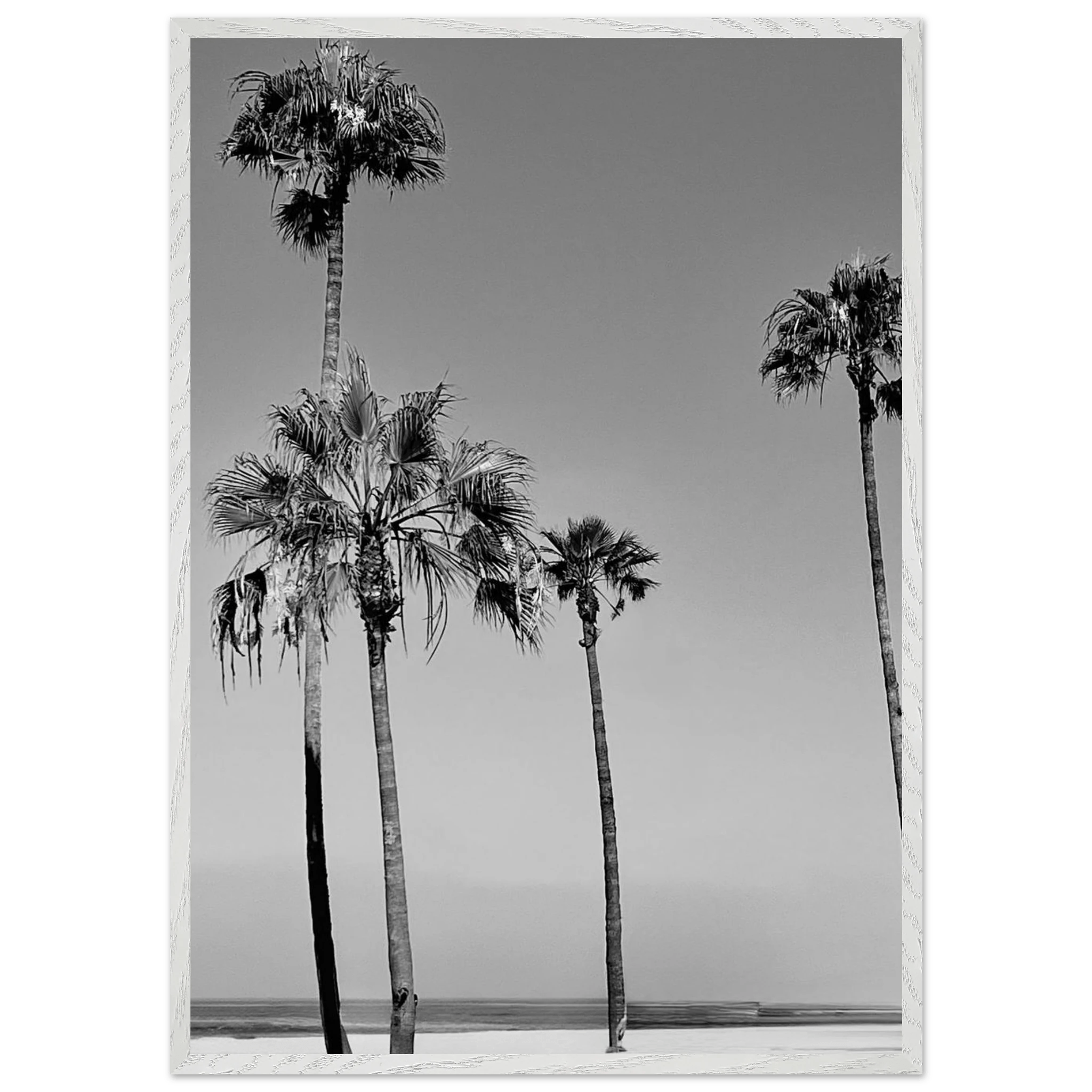 Premium wooden framed poster featuring black and white California beach icons in semi-glossy finish.