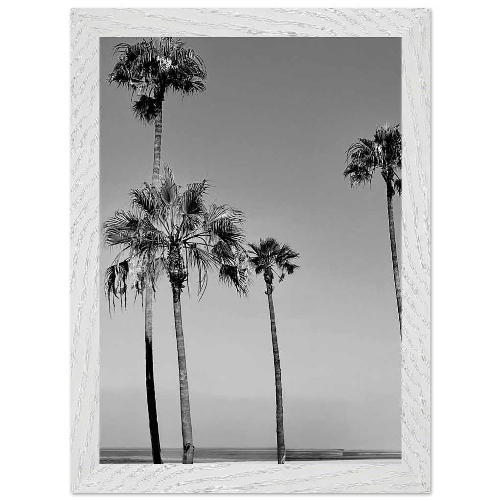 Premium wooden framed poster of California beach icons in black and white, semi-glossy finish, studio edition art.