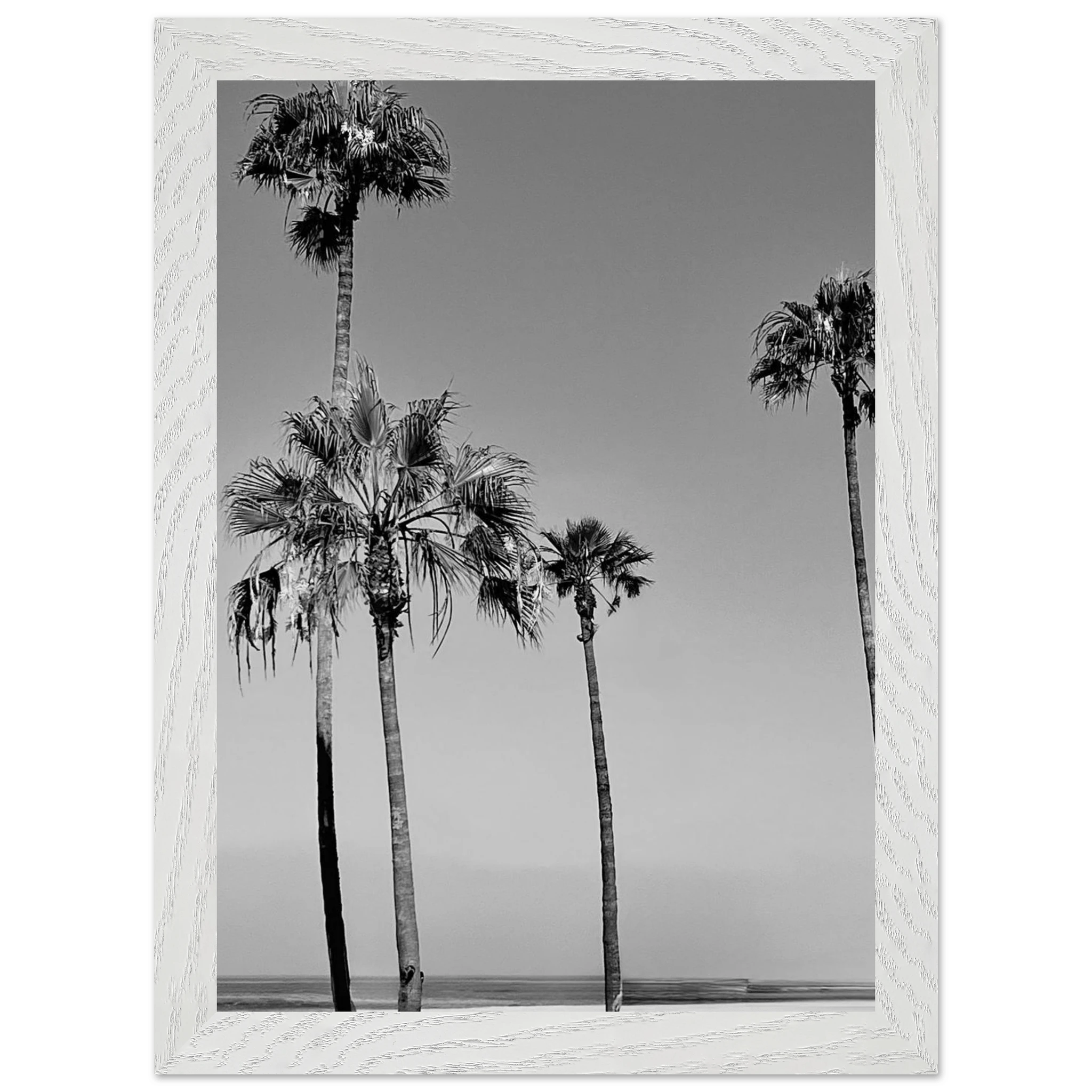 Premium wooden framed poster of California beach icons in black and white, semi-glossy finish, studio edition art.