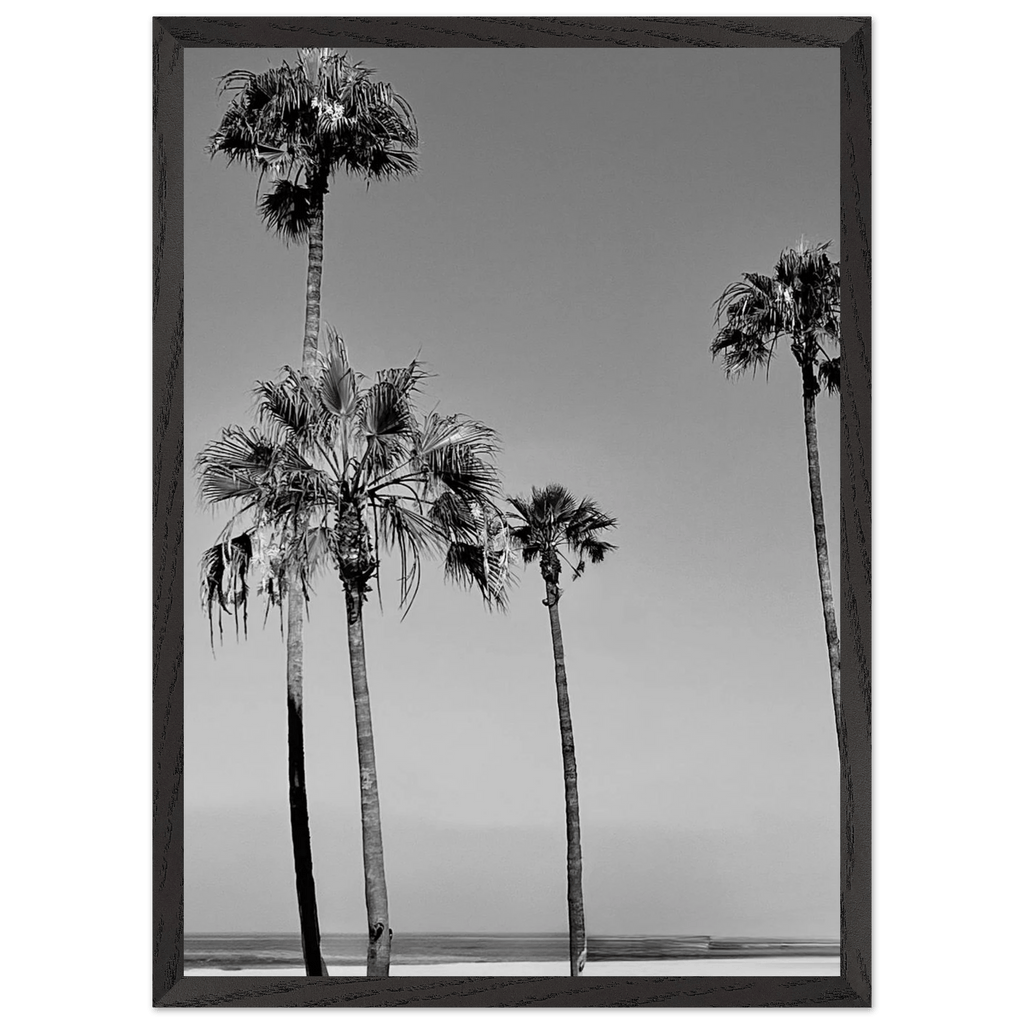 Premium wooden framed poster featuring black and white SoCal beach icons, California art from Studio Edition.