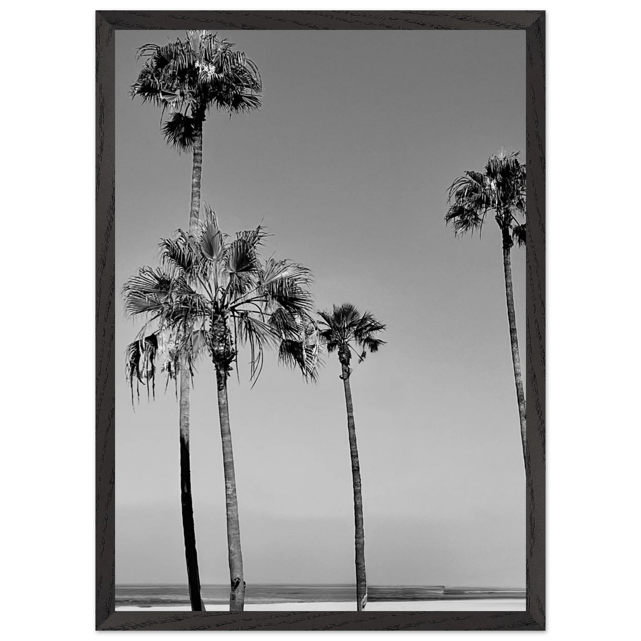 Premium wooden framed poster featuring black and white SoCal beach icons, California art from Studio Edition.