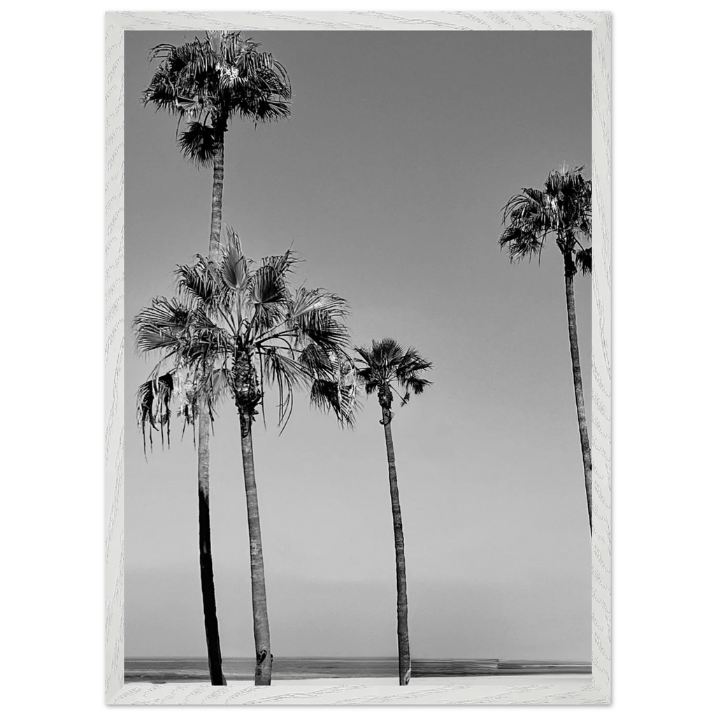 Premium wooden framed poster featuring black and white SoCal beach icons in a semi-glossy finish.
