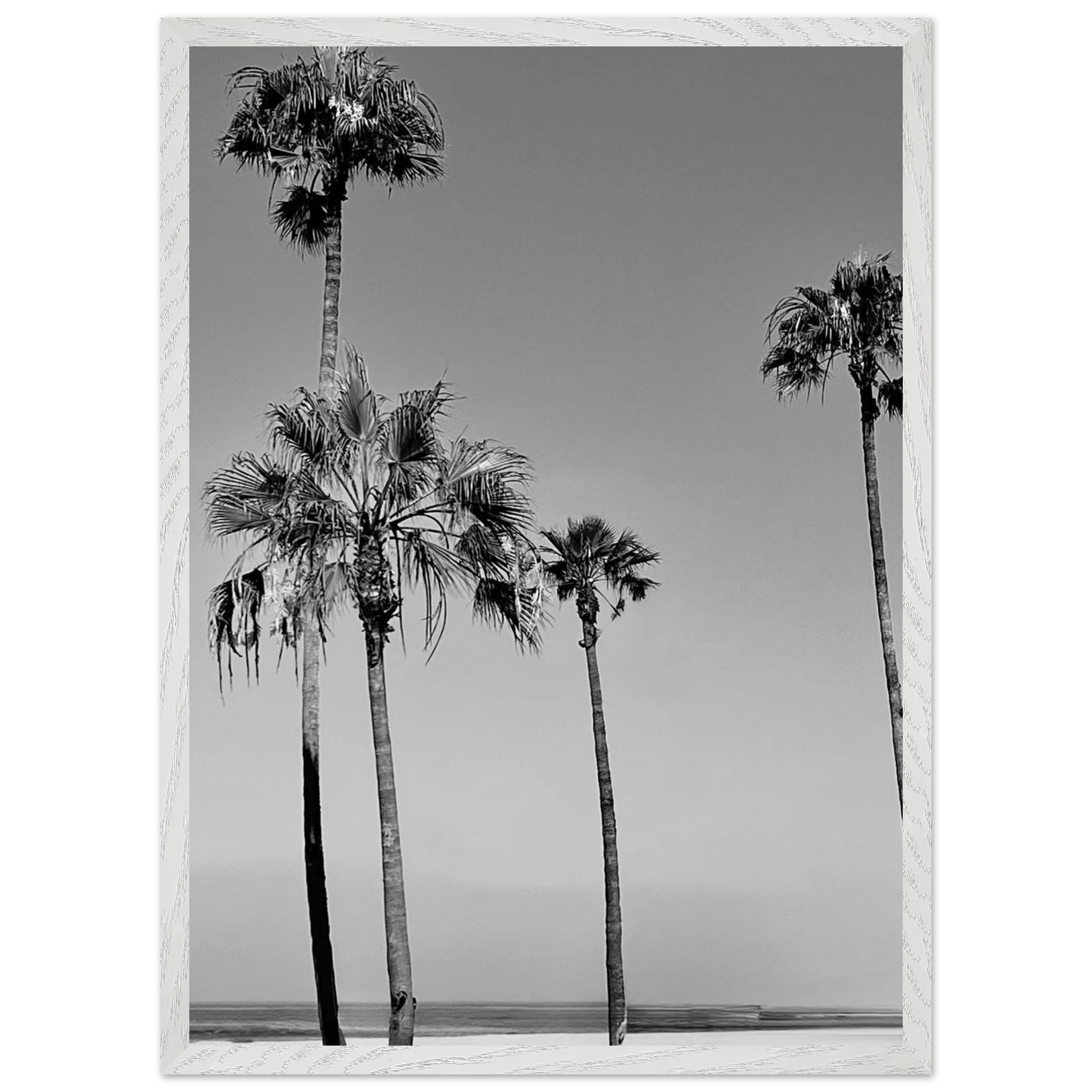Premium wooden framed poster featuring black and white SoCal beach icons in a semi-glossy finish.