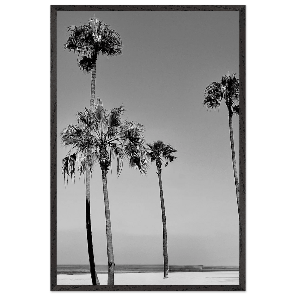 Premium wooden framed poster featuring black and white SoCal beach icons, California poster art from Studio Edition.