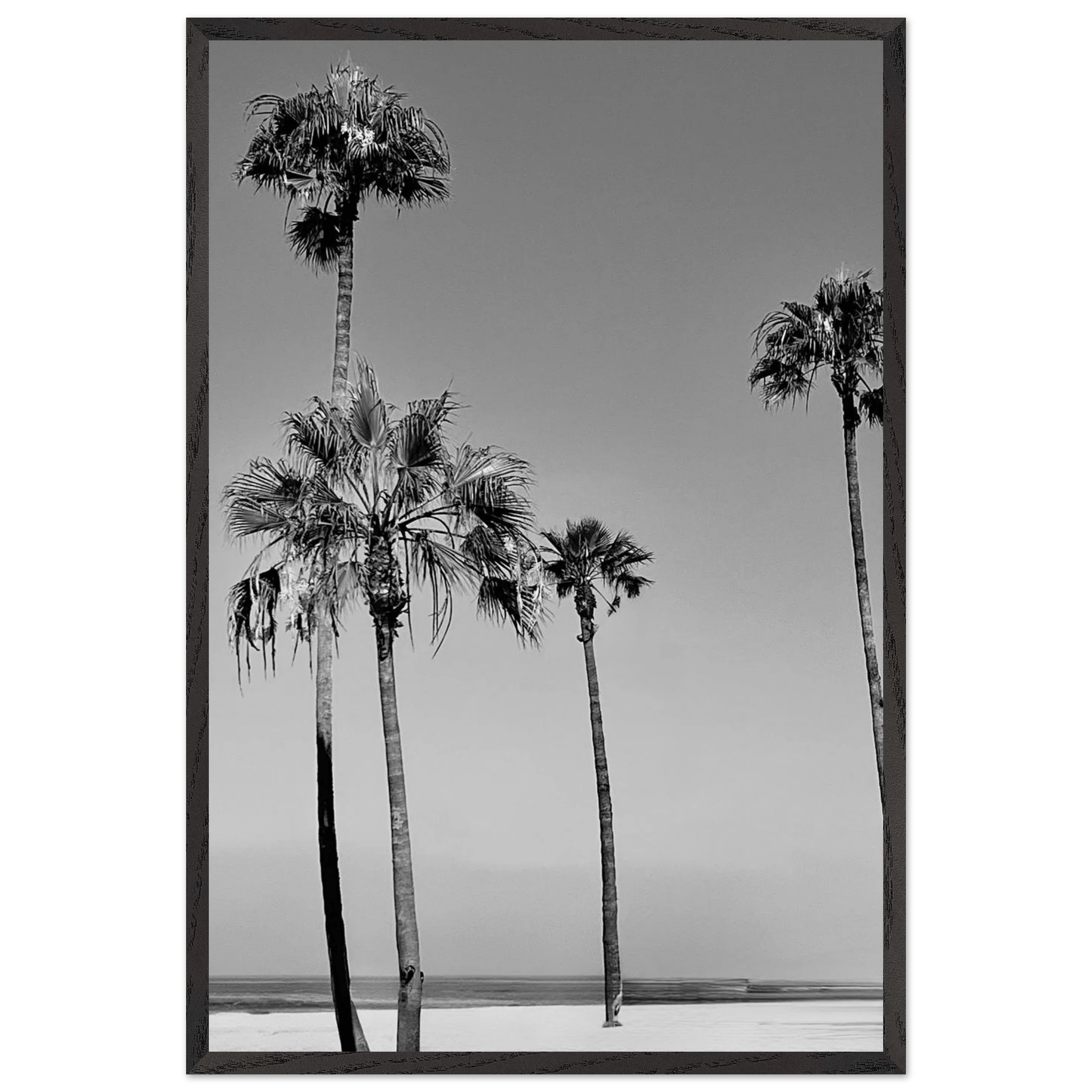 Premium wooden framed poster featuring black and white SoCal beach icons, California poster art from Studio Edition.