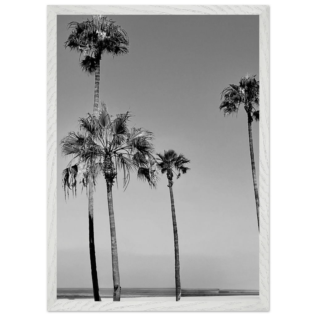 Black and white premium wooden framed poster of SoCal beach icons, featuring California art in a semi-glossy finish.
