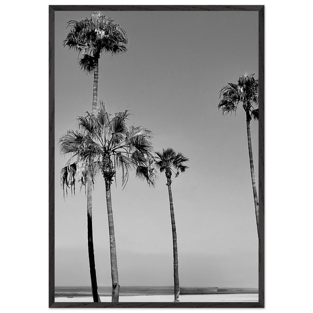 Premium wooden-framed poster featuring black and white SoCal beach icons, part of the Studio Edition collection.