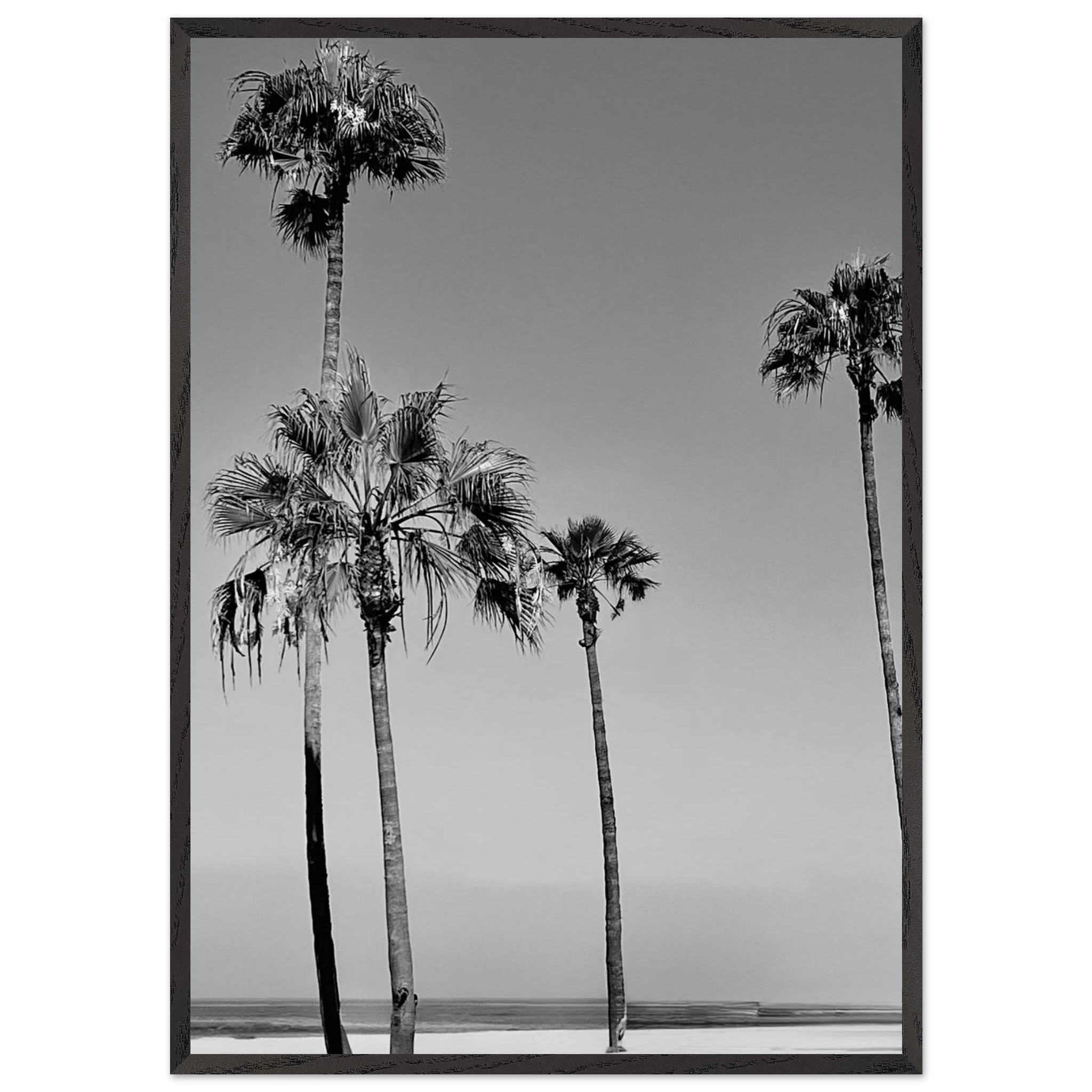 Premium wooden-framed poster featuring black and white SoCal beach icons, part of the Studio Edition collection.