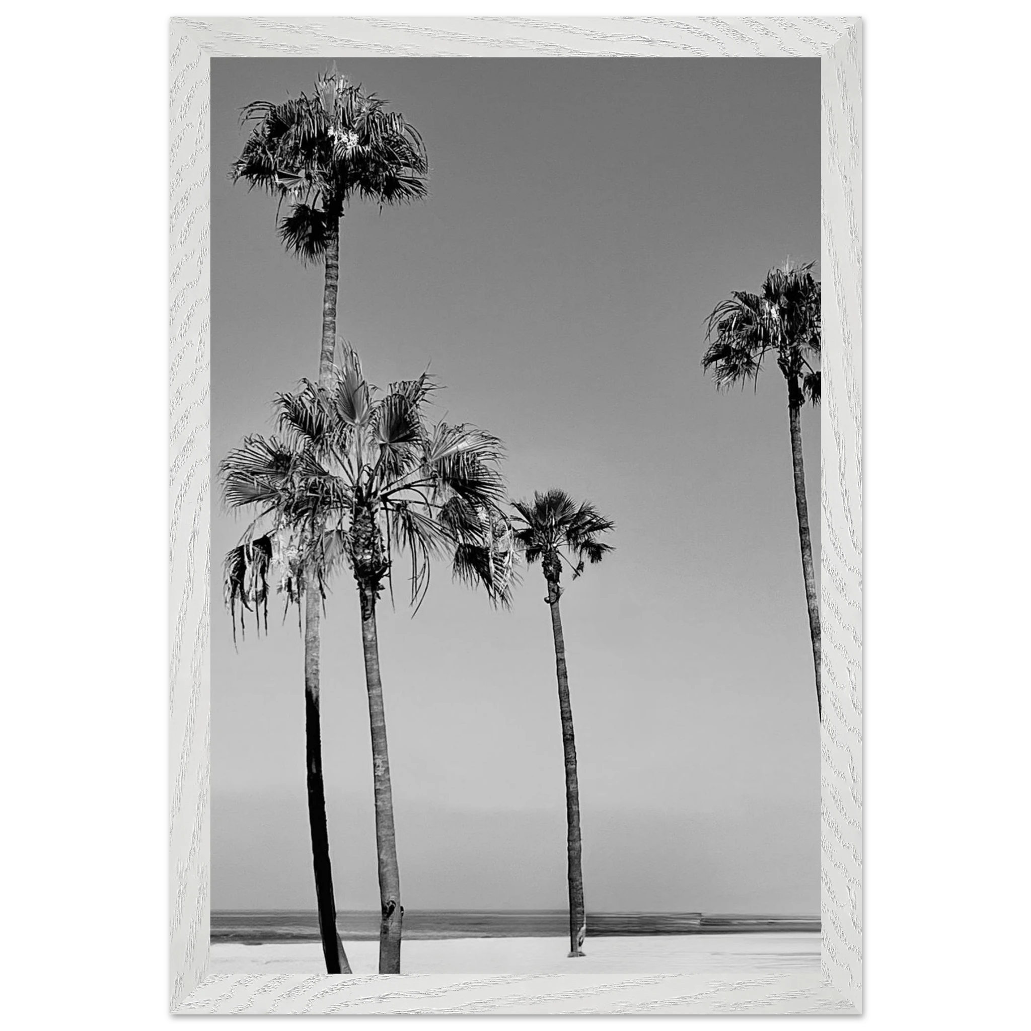 Premium wooden framed poster featuring black and white SoCal beach icons California art in a semi-glossy finish.