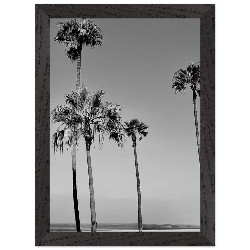 Premium wooden framed poster featuring black and white SoCal beach icons, ideal for California-themed wall art.