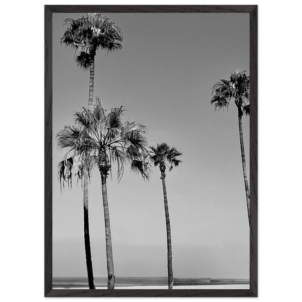 Premium wooden framed black and white California poster art featuring SoCal beach icons in studio edition design.