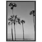 Premium wooden framed black and white California poster art featuring SoCal beach icons in studio edition design.