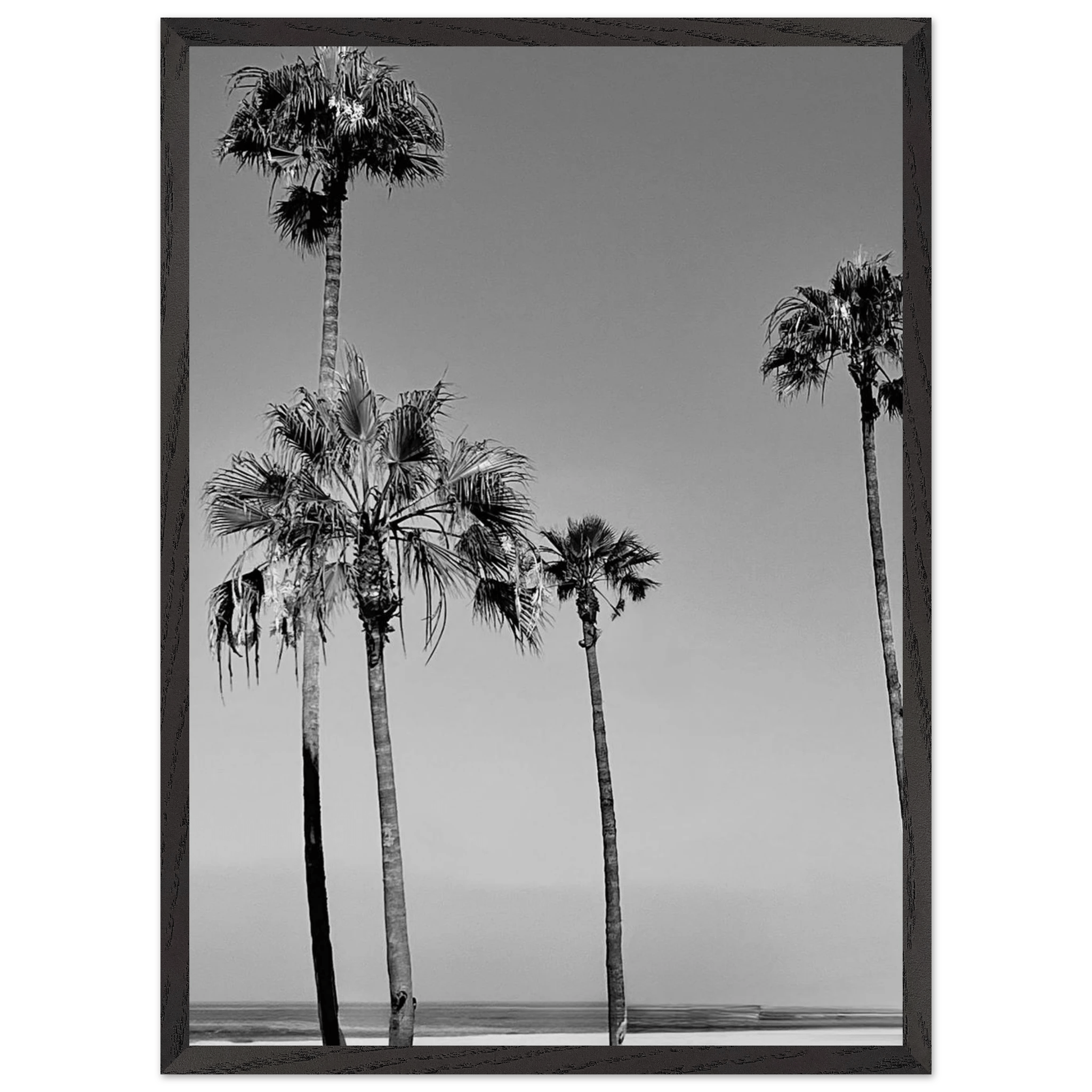 Premium wooden framed black and white California poster art featuring SoCal beach icons in studio edition design.