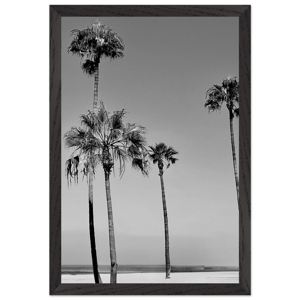 Premium wooden framed poster featuring SoCal beach icons in black and white, semi-glossy finish, California art.