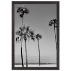 Premium wooden framed poster featuring SoCal beach icons in black and white, semi-glossy finish, California art.