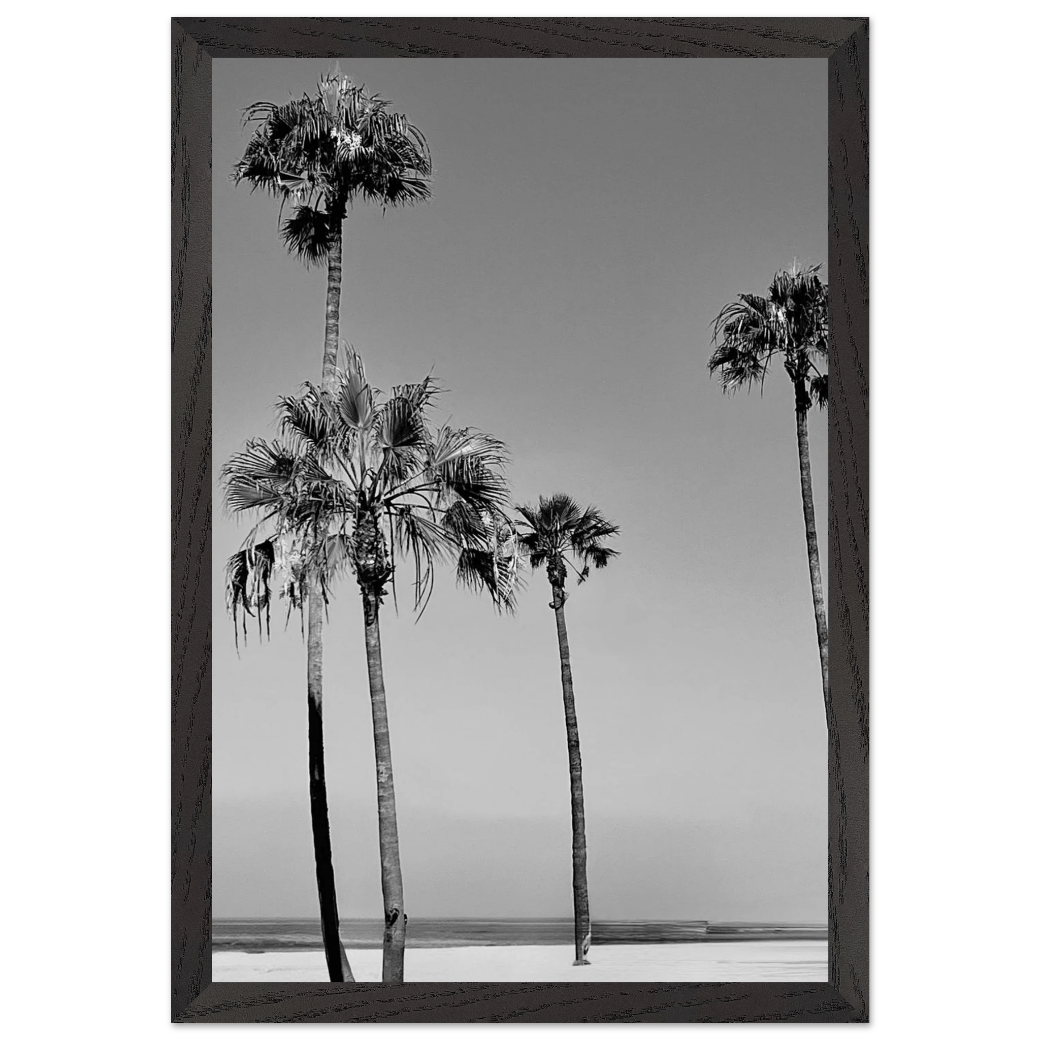 Premium wooden framed poster featuring SoCal beach icons in black and white, semi-glossy finish, California art.