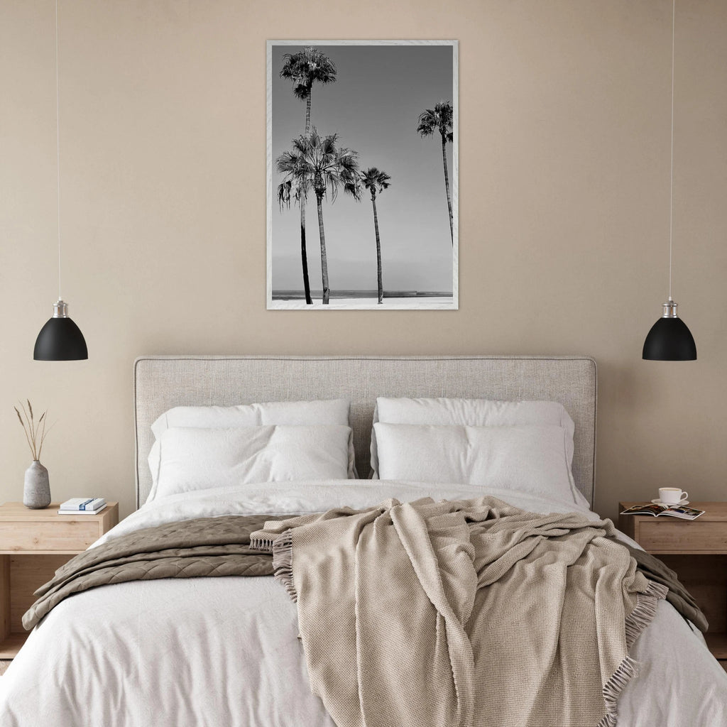 Premium wooden framed poster featuring black and white SoCal beach icons from the California Studio Edition.