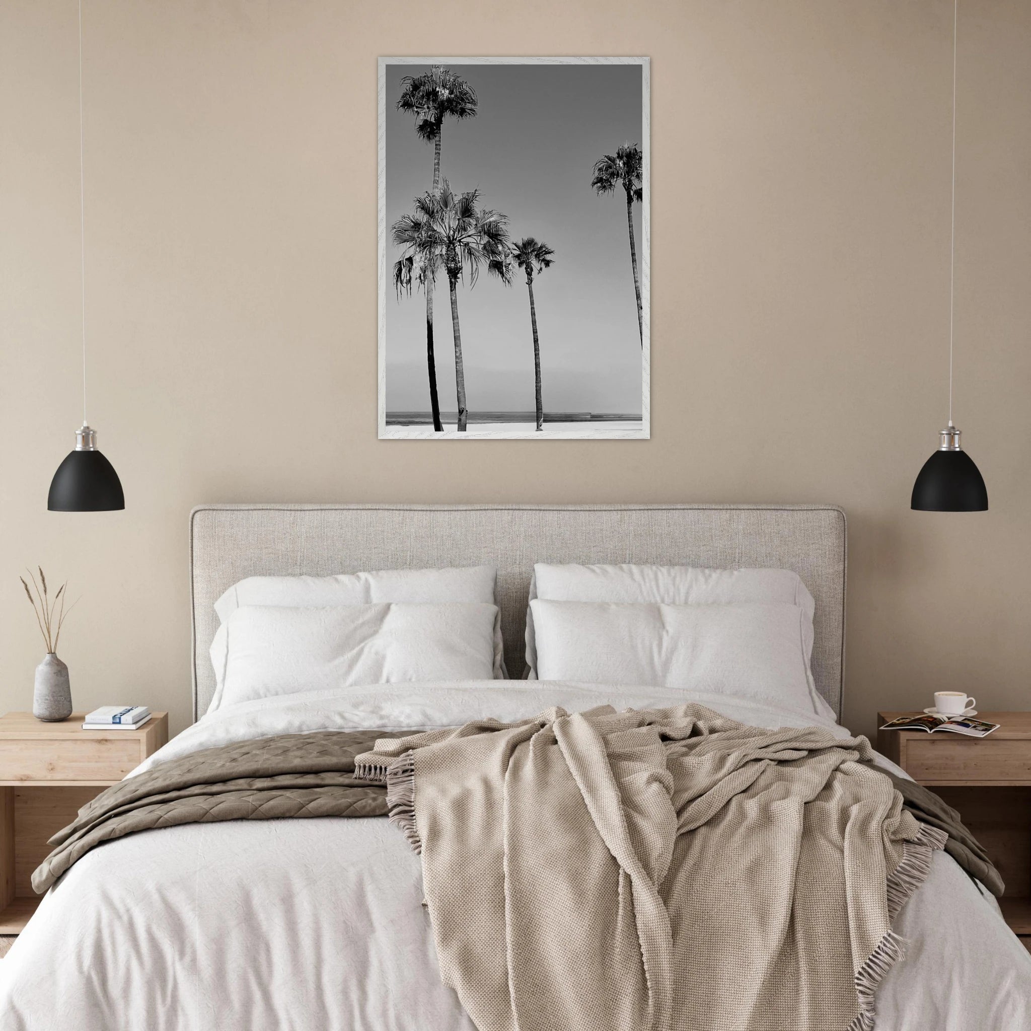 Premium wooden framed poster featuring black and white SoCal beach icons from the California Studio Edition.