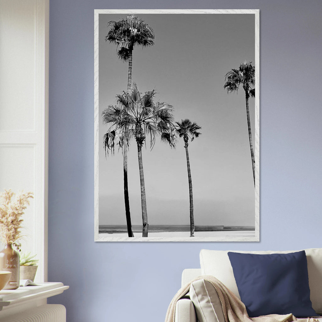 Premium wooden framed poster featuring black and white SoCal beach icons in semi-glossy finish, California art print.