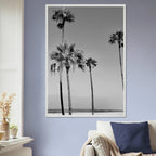 Premium wooden framed poster featuring black and white SoCal beach icons in semi-glossy finish, California art print.