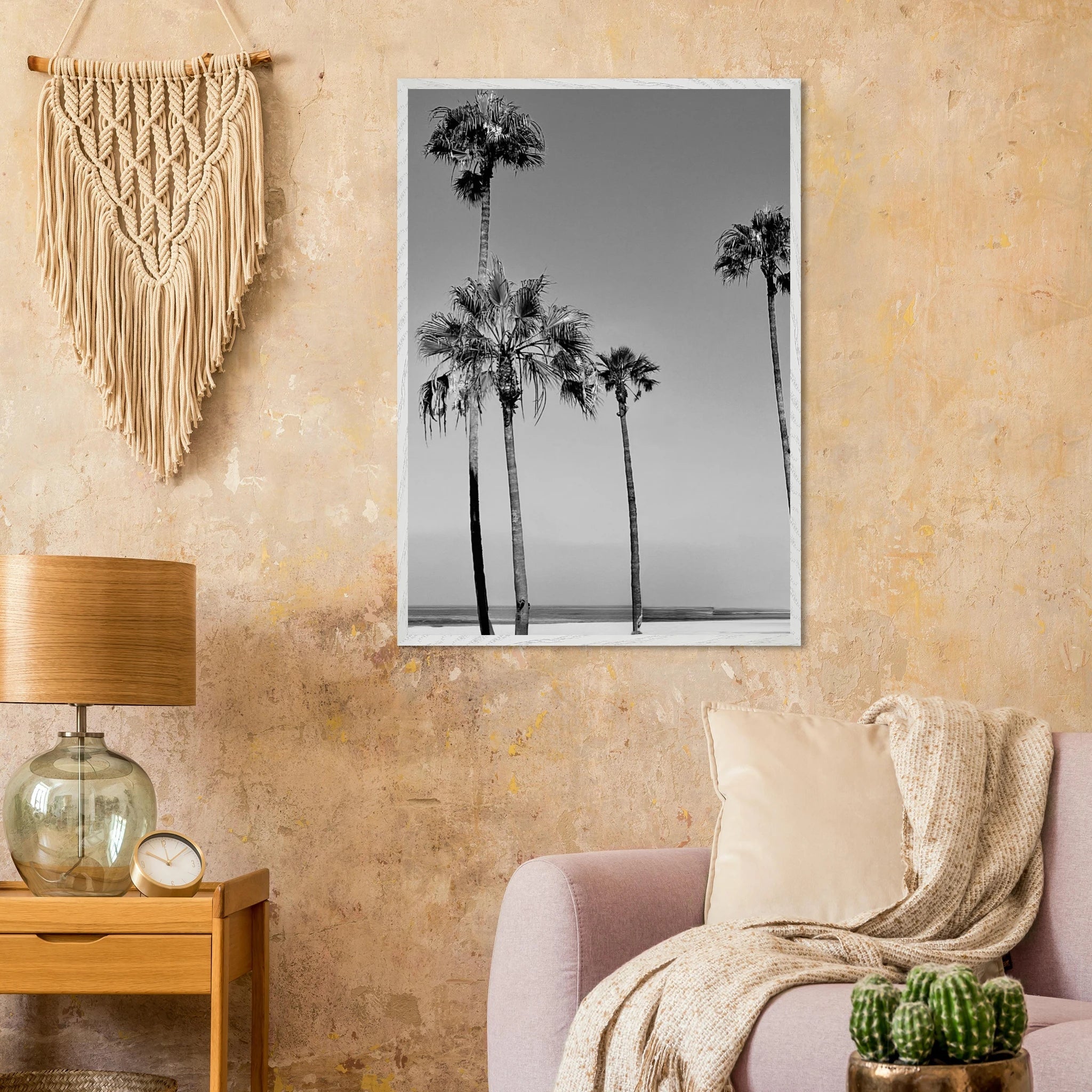 Premium wooden framed poster featuring black and white SoCal beach icons, California art in semi-glossy finish.