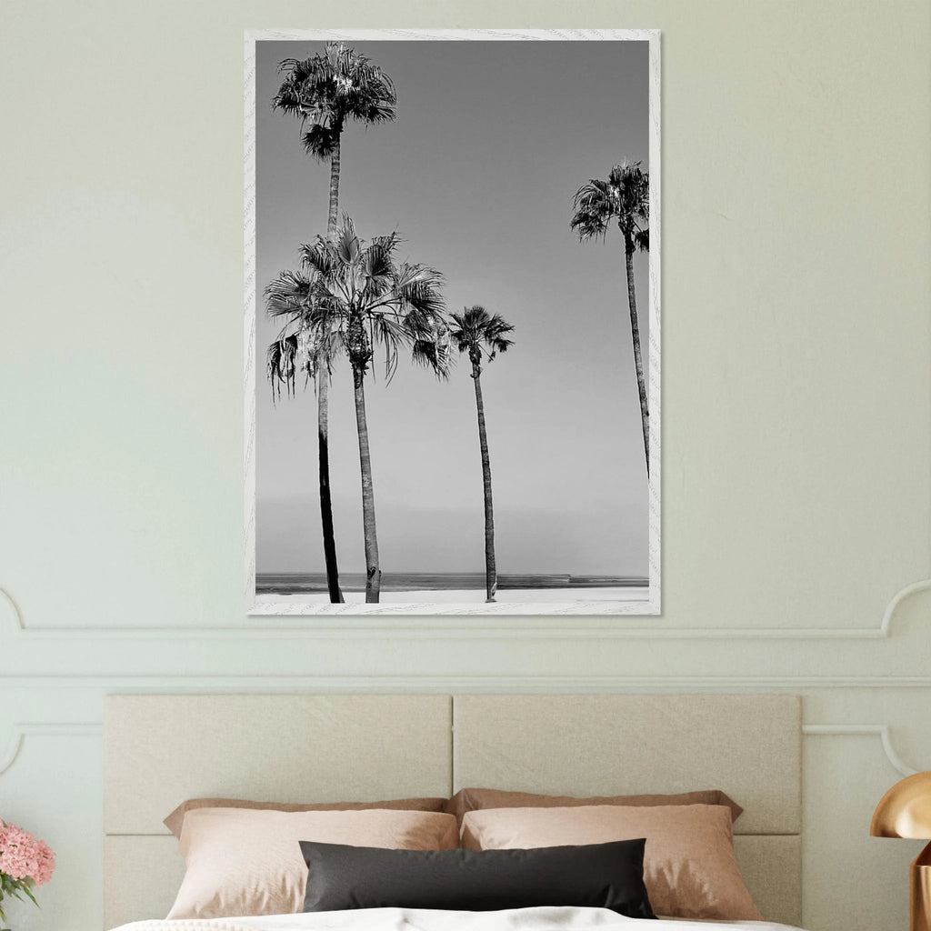 Premium wooden framed poster featuring black and white SoCal beach icons, part of Studio Edition Holiday series.