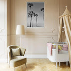 Premium wooden framed poster featuring black and white California beach icons from the Holiday 25 Studio Edition.