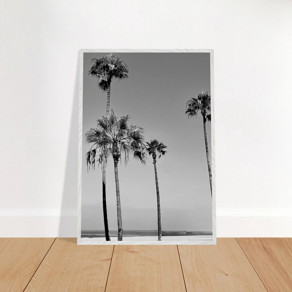 Premium wooden framed black and white California beach poster art from the SoCal Icons studio edition.