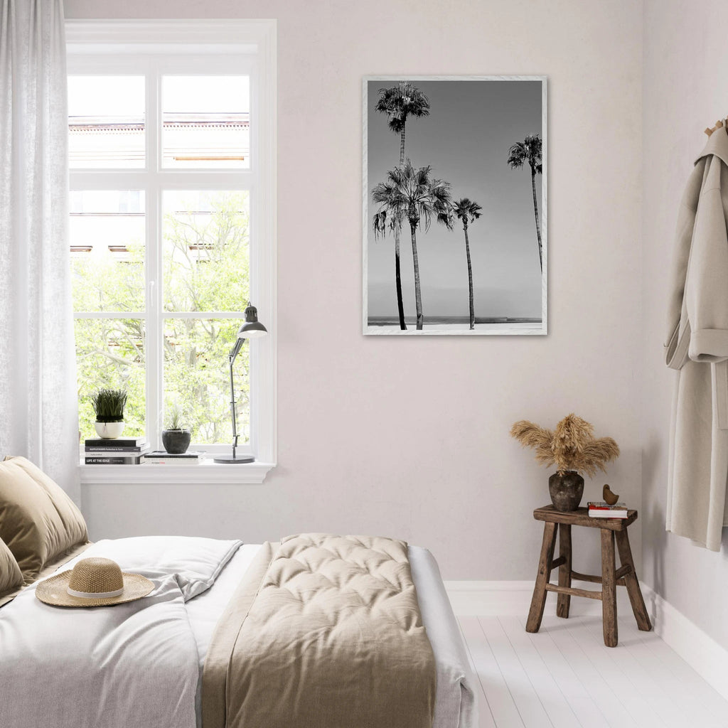 Premium wooden framed poster featuring black and white California beach icons from the Studio Edition series.