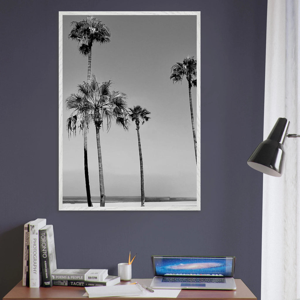 Premium wooden framed poster featuring SoCal beach icons in black and white from the Studio Edition Holiday series.