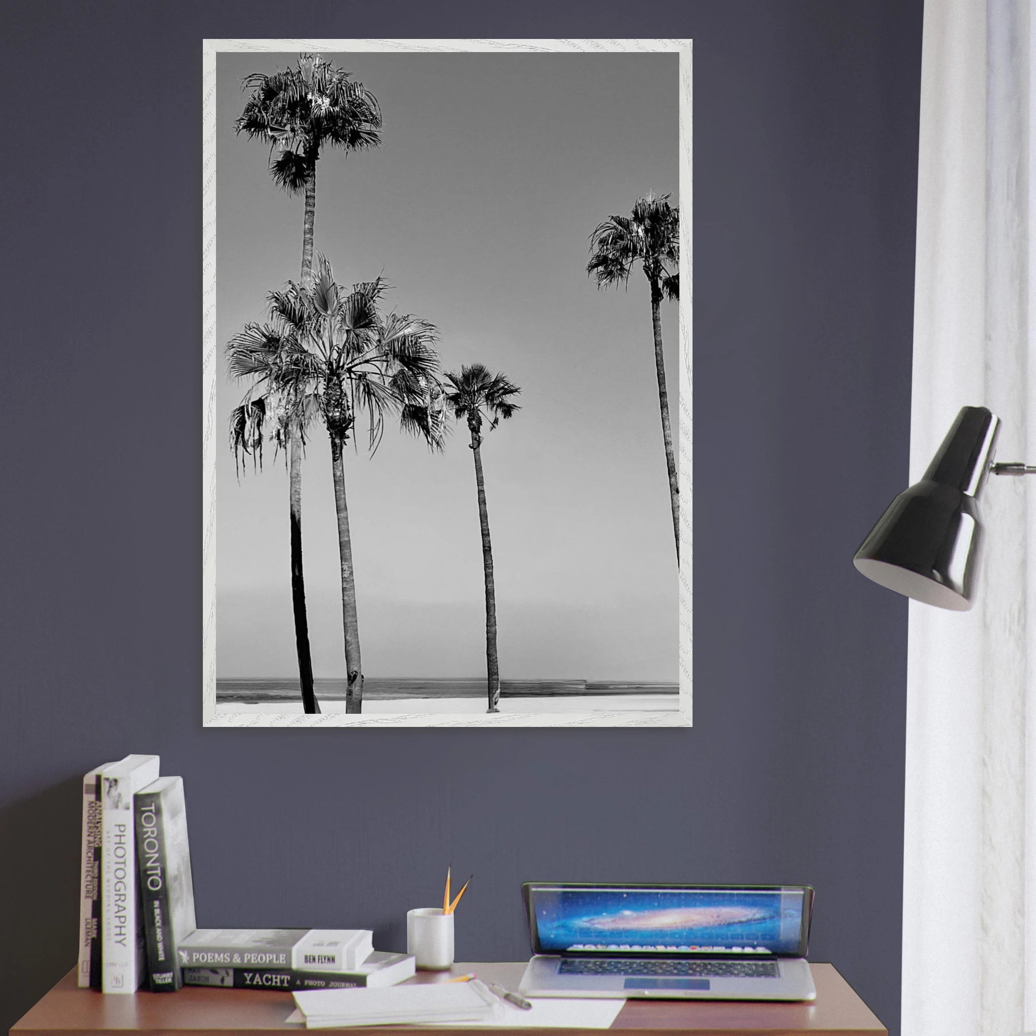 Premium wooden framed poster featuring SoCal beach icons in black and white from the Studio Edition Holiday series.
