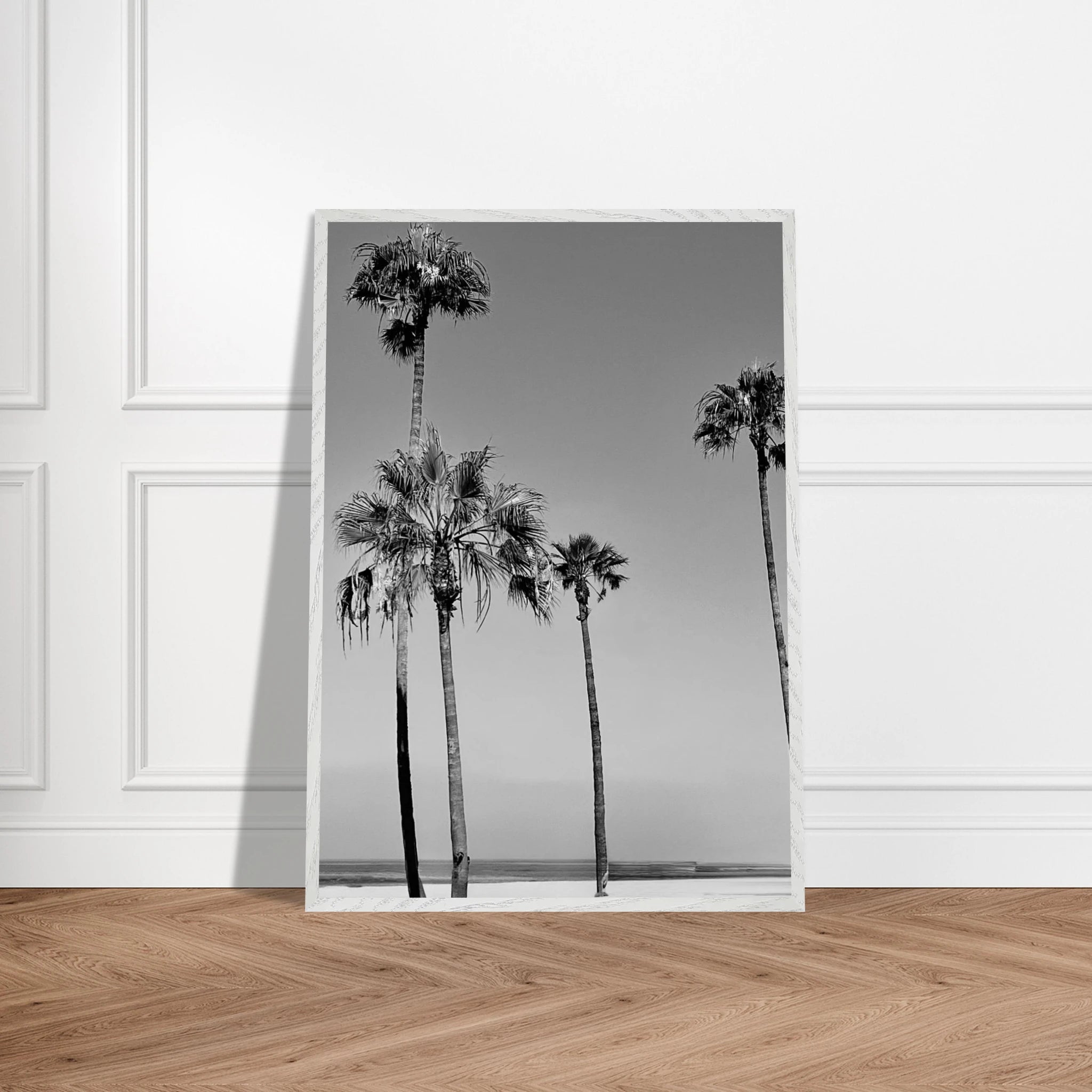 Premium wooden framed black and white SoCal beach icons poster art, showcasing California's coastal aesthetic.