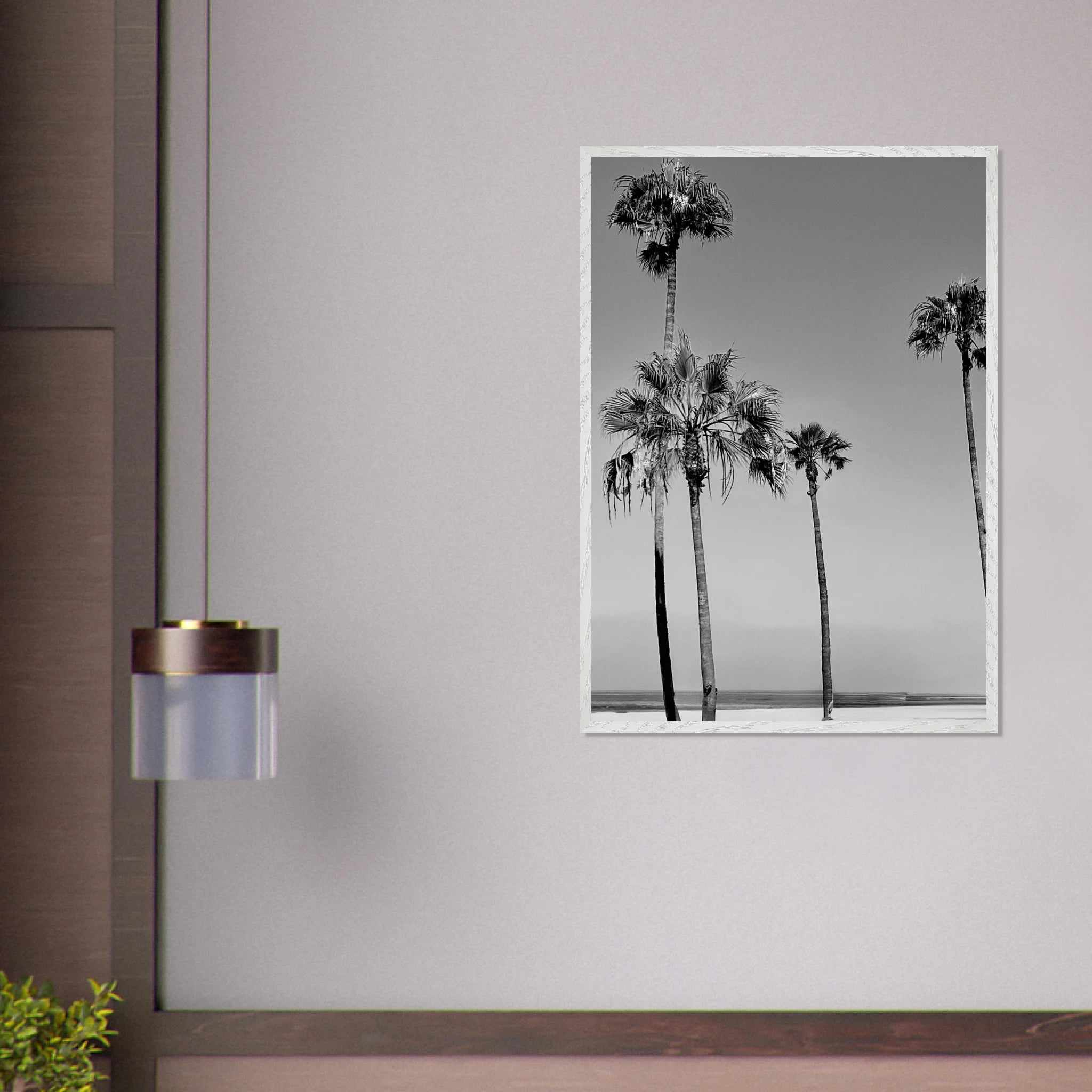 Premium wooden framed poster featuring black and white SoCal beach icons, part of the Studio Edition Holiday series.
