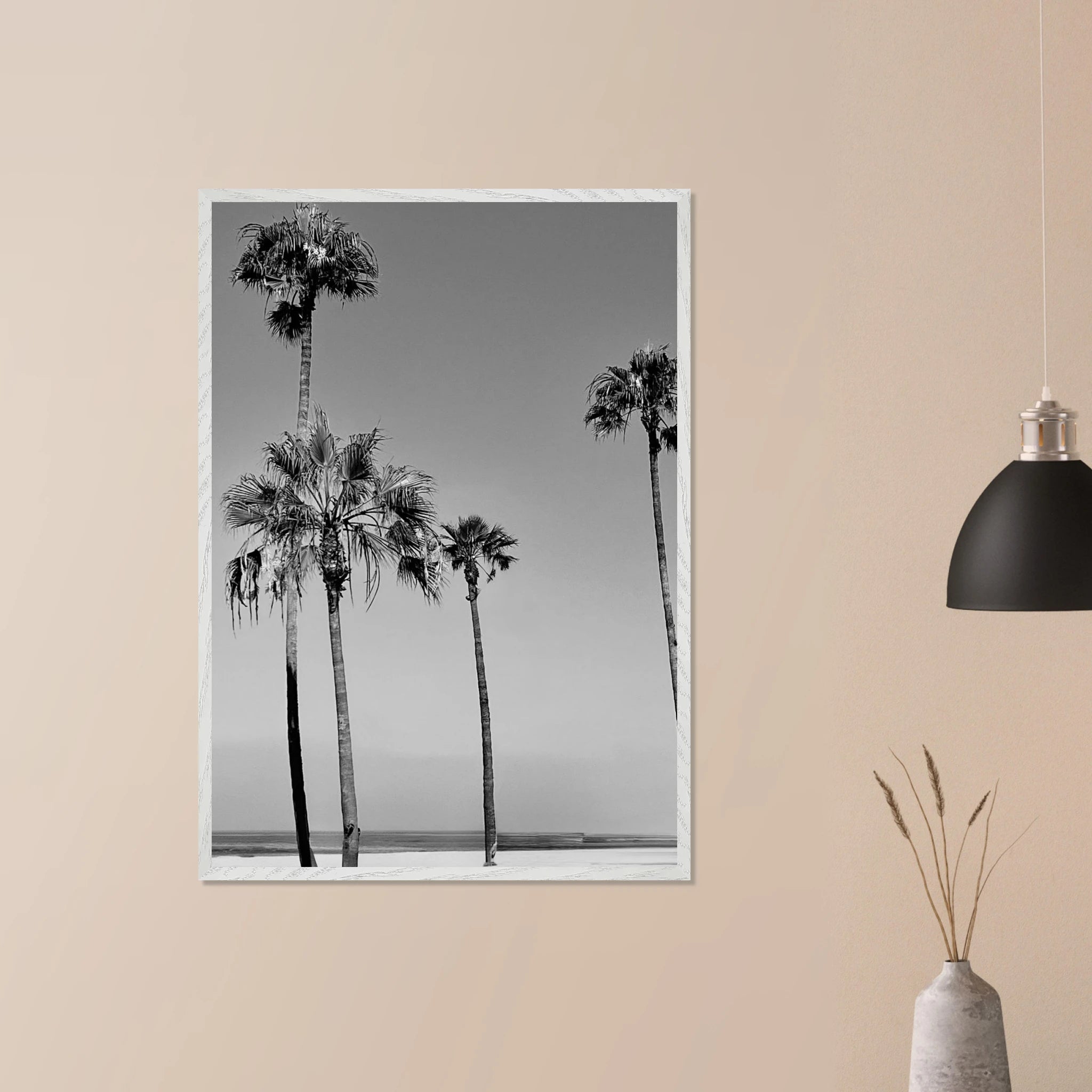 Premium wooden framed poster featuring SoCal beach icons in black and white, part of the California poster art series.