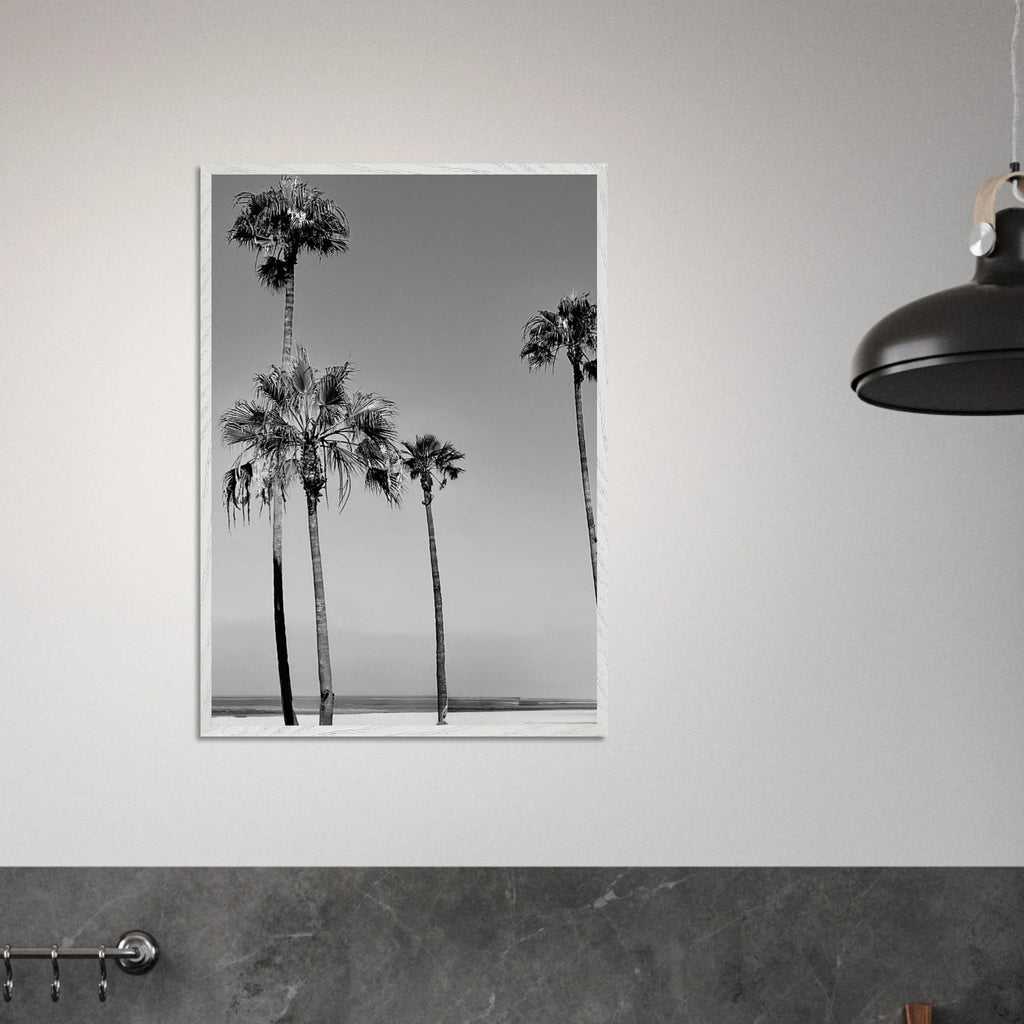 Premium wooden-framed poster featuring black and white SoCal beach icons, part of the California art series.