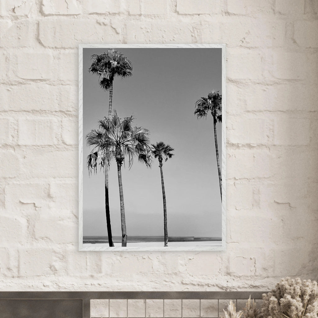 Premium wooden-framed poster featuring semi-glossy black and white SoCal beach icons, California art by My Store.