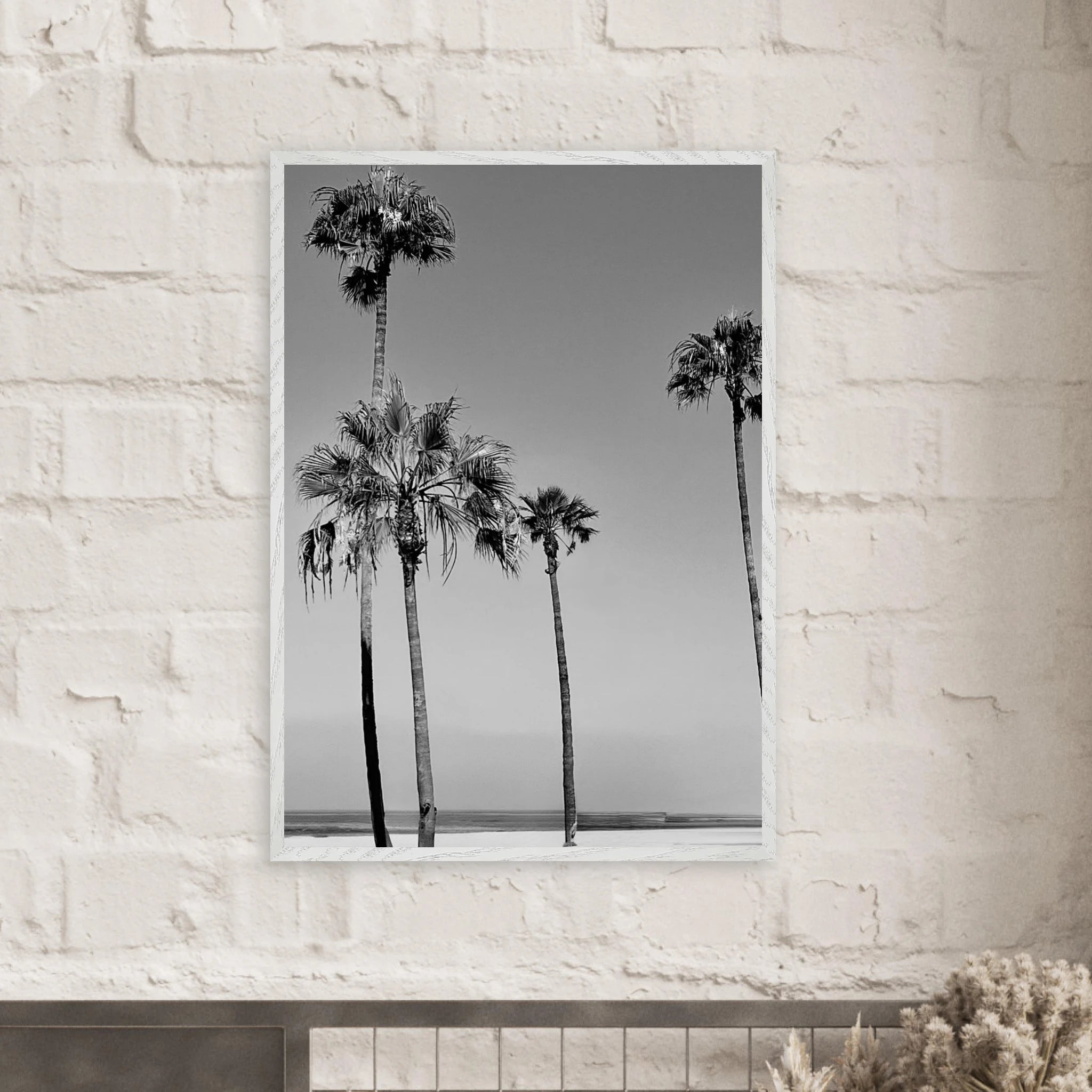 Premium wooden-framed poster featuring semi-glossy black and white SoCal beach icons, California art by My Store.