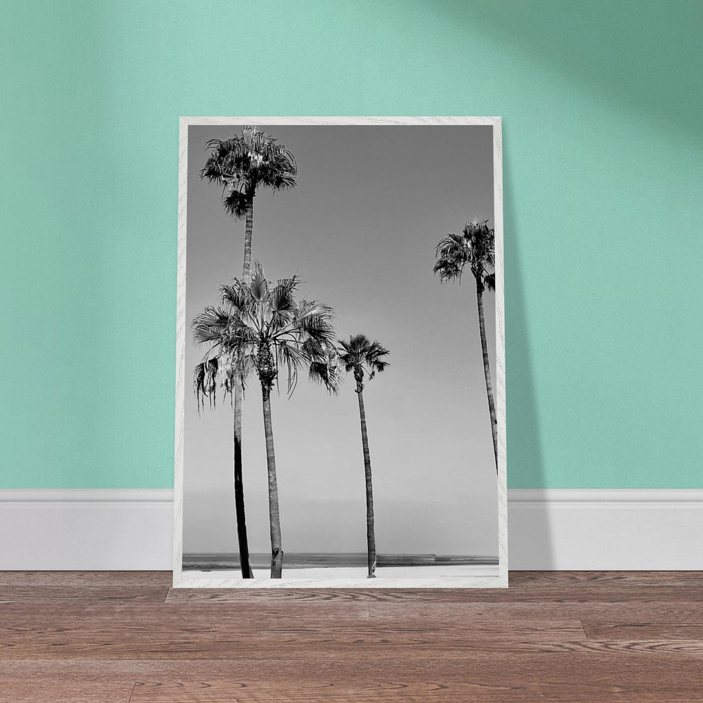 Premium wooden-framed poster featuring black and white SoCal beach icons, part of the Studio Edition California art series.