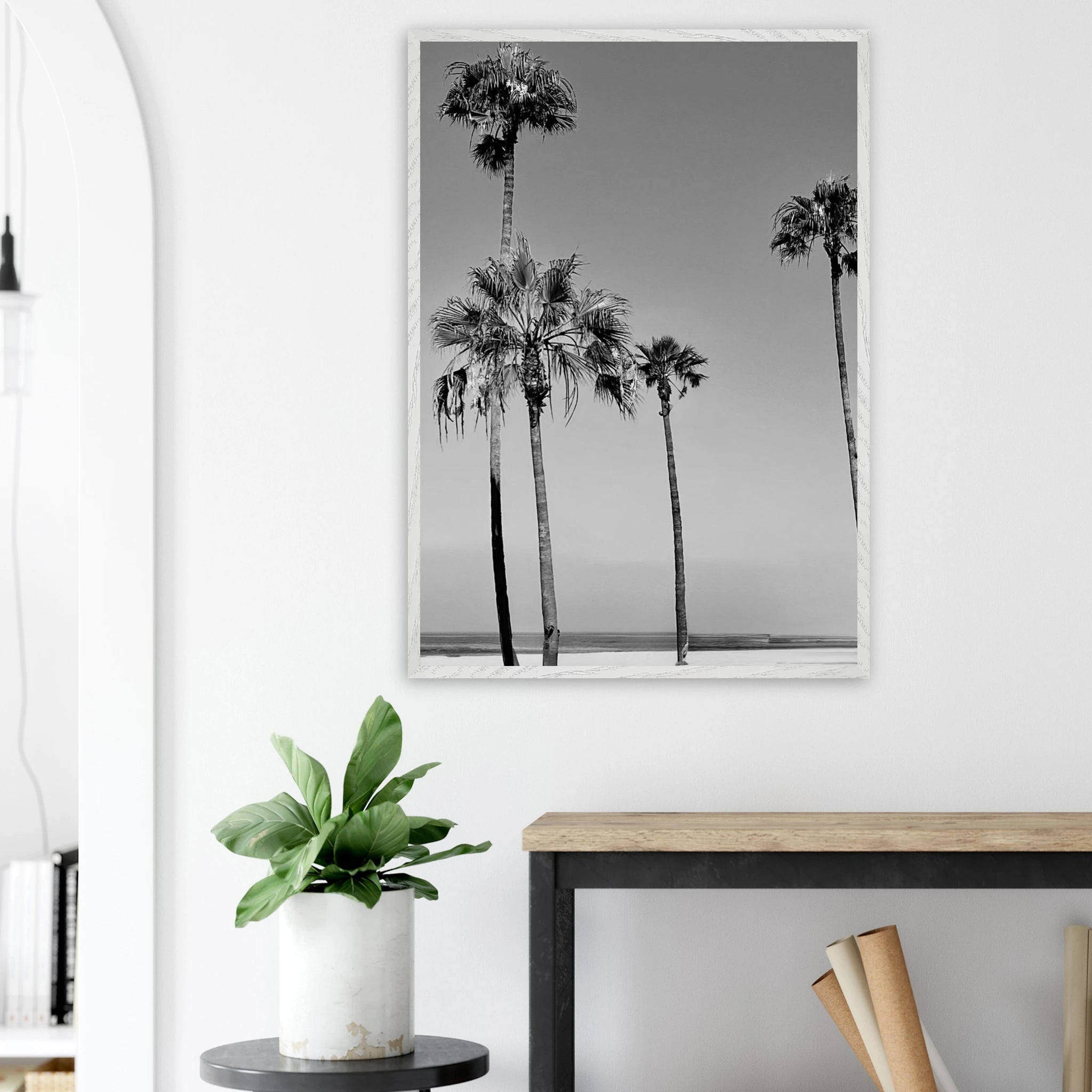 Premium wooden framed poster featuring black and white SoCal beach icons in a semi-glossy finish.