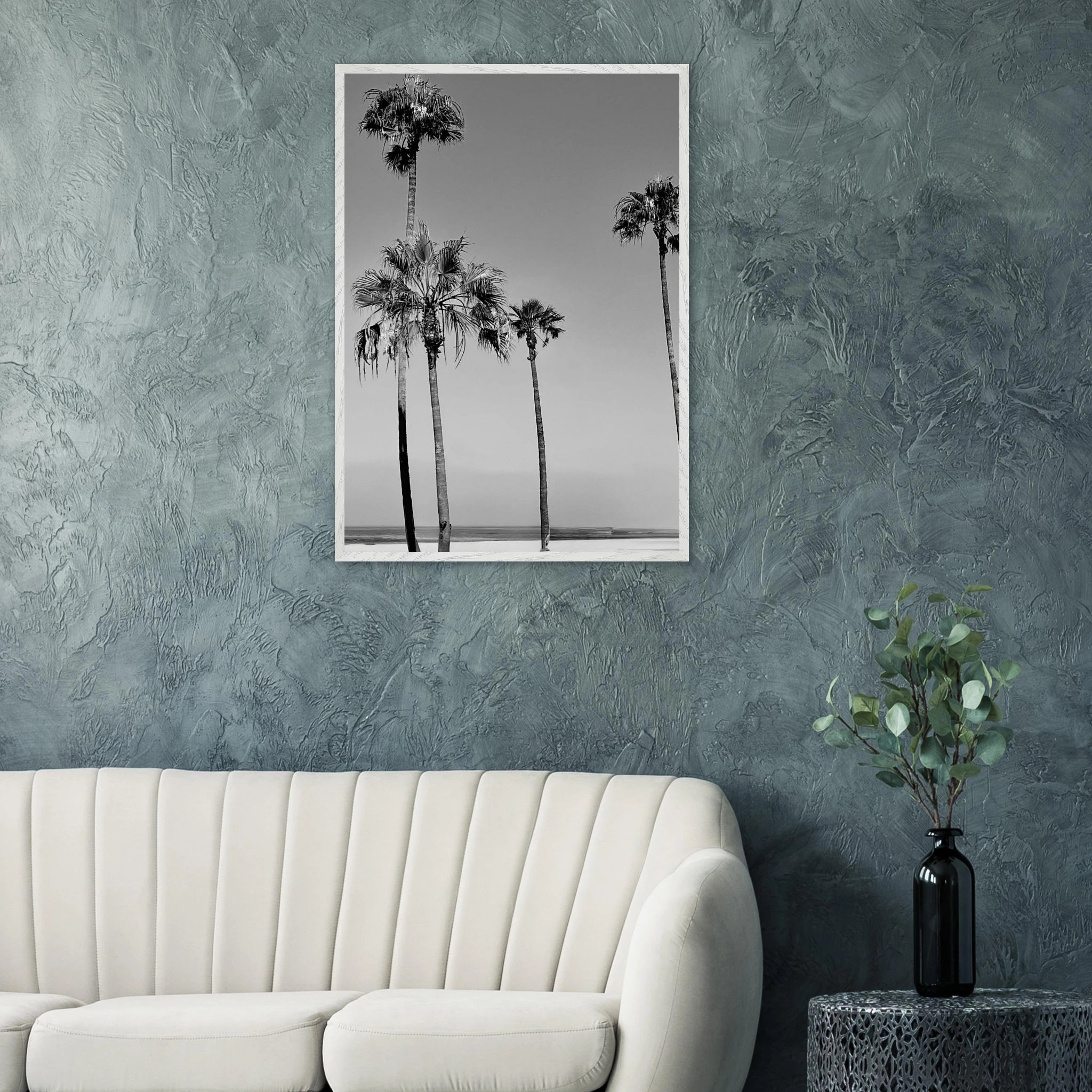 Premium wooden framed poster featuring black and white SoCal beach icons California art in semi-glossy finish.