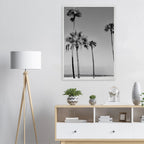 Premium wooden framed poster featuring black and white SoCal beach icons, perfect for California-themed decor.